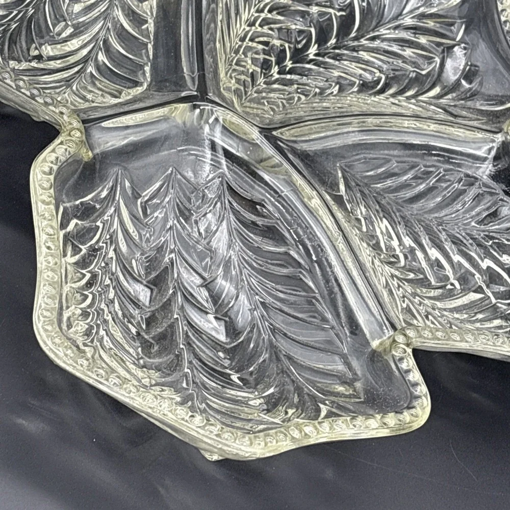 Vintage Jeannette Glass 6-Section Feather Leaf Relish Tray Clear Scalloped Edge